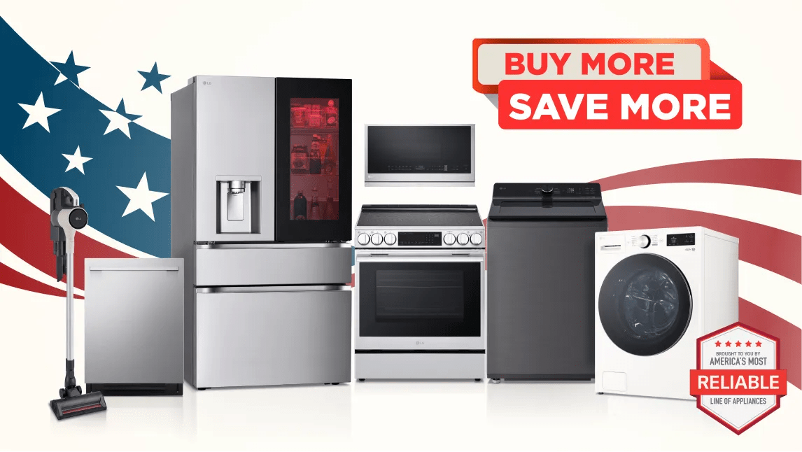 “Buy More, Save More” badge above group of home appliances on stars and stripes background. “America’s Most Reliable Line of Home Appliances” badge below.