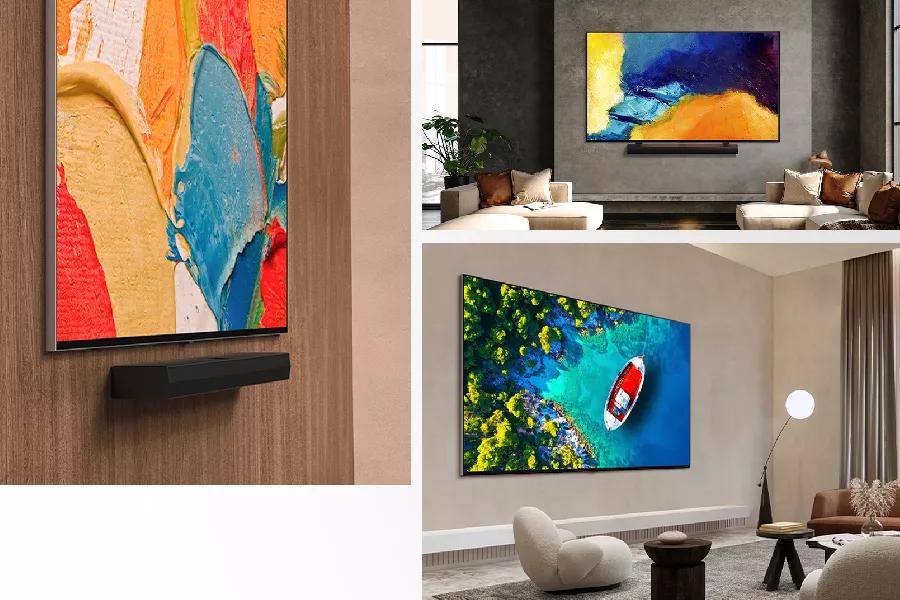 A gallery of wall-mounted QNED MiniLED Slim TVs in stylish living room