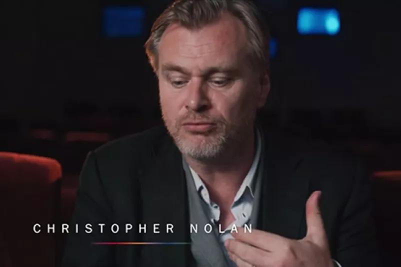 Christopher Nolan doing an interview in a theatre room discussing FILMMAKER MODE for LG NanoCell TV