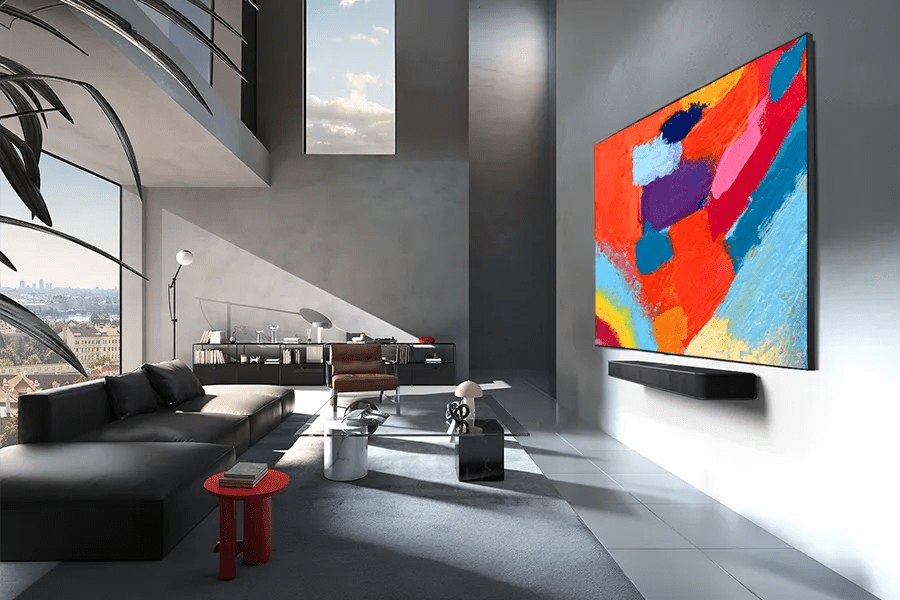 86-Inch LG 4K QNED TV 86MRGB95BUA wall mounted with Soundbar in modern living room