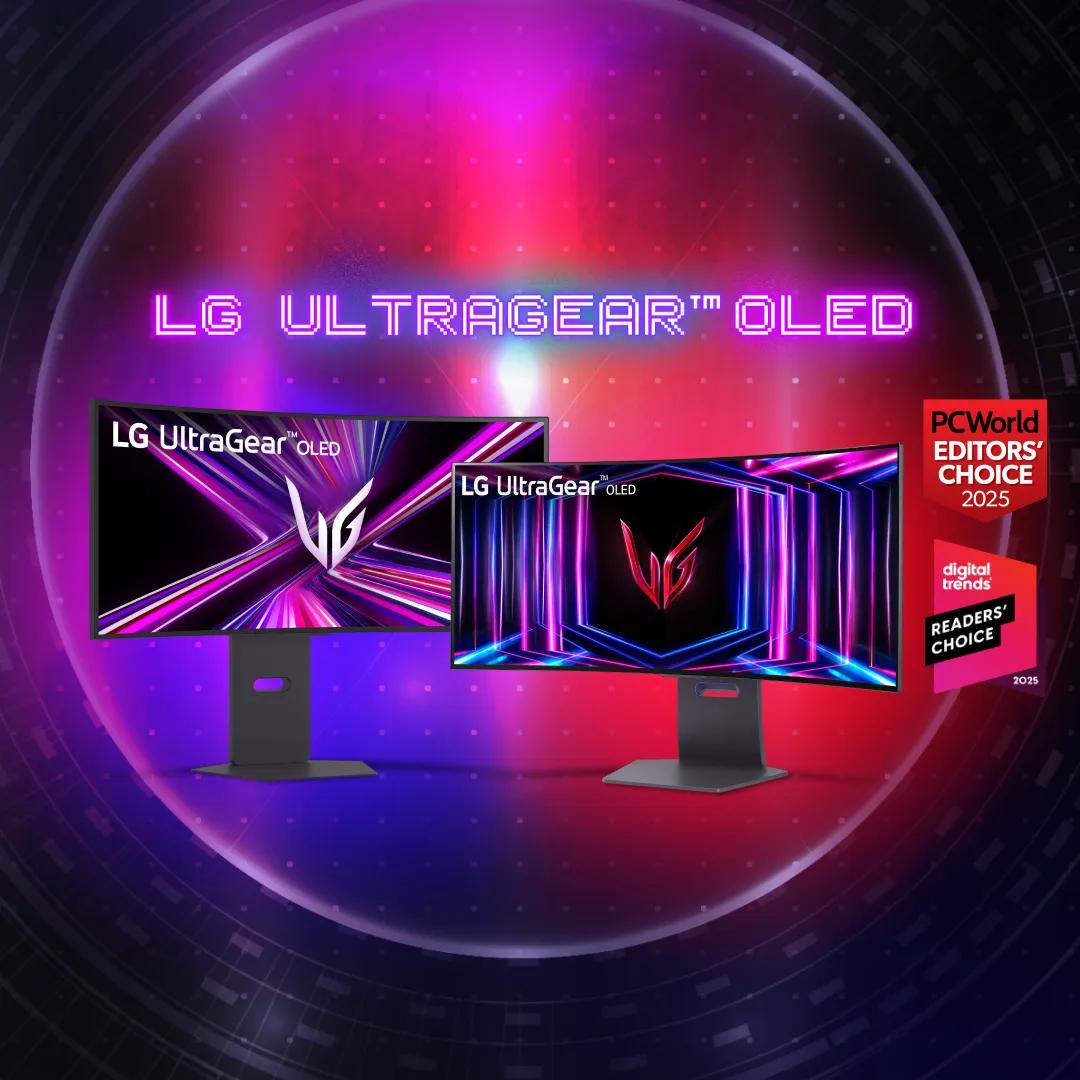 ”LG UltraGear OLED” title badge.  An UltraGear OLED Monitor appears on a purple background. “PCWorld Editors’ Choice 2025” badge. “Digital Trends Readers’ Choice 2025” badge. 
