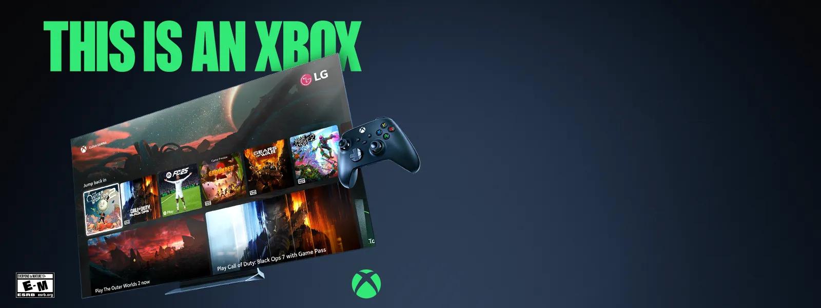 LG Smart TV screen showing Xbox Cloud Gaming interface with controller and text reading 'This is an Xbox'.