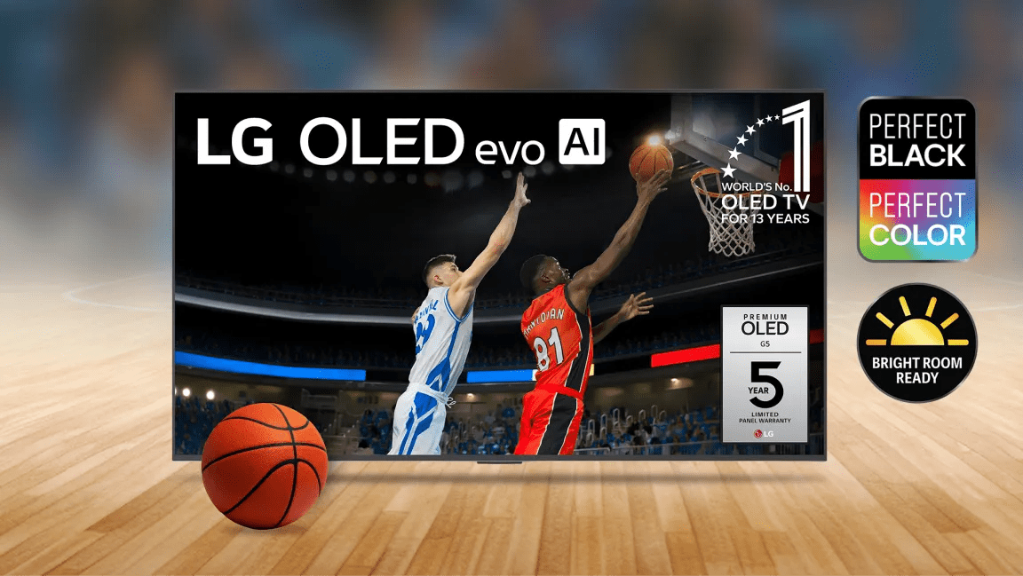 Promotional graphic for LG March Madness featuring an LG 4K OLED evo G5 TV showing a basketball game with two players jumping for a shot on a court. A basketball is in the foreground in front of the TV. Icons highlighting Perfect Black, Perfect Color and OLED evo technology.