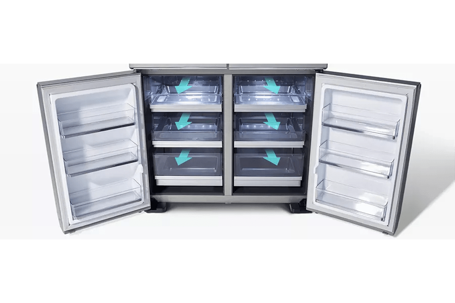 Refrigerator showcasing auto open freezer drawers