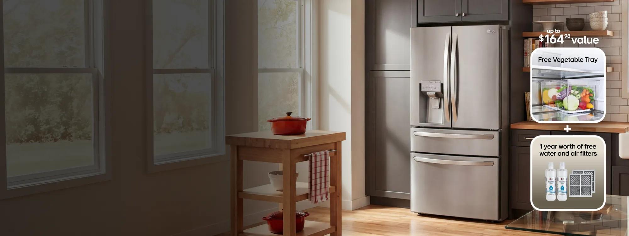 An LG Refrigerator in kitchen setting. 2 pop-outs display “Free Vegetable Tray” and “1 year worth of free water & air filters” (2 water and 2 air filters) with text “Up to $164.98 value”.