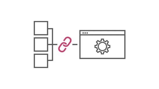 Illustration of data blocks connected to a browser window with a gear icon."