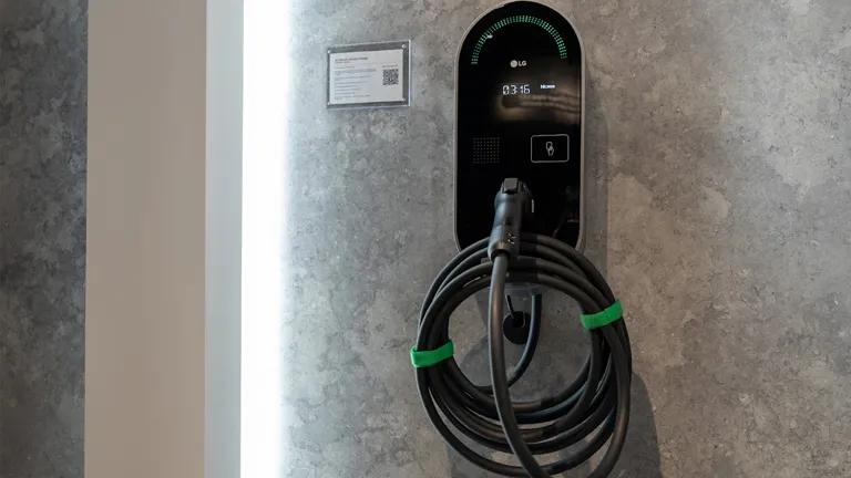 An LG Electric Vehicle Charger mounted on the wall of the New Jersey BIC.