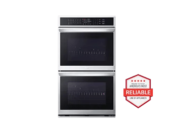 A front-facing image of an LG WDEP9427F double wall oven next to a red 'Brought to you by America's Most Reliable Line of Appliances' badge.