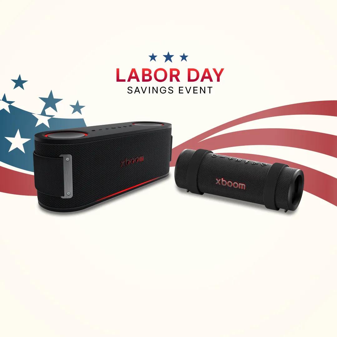 ”Labor Day Savings Event” title badge. 2 XBOOM speakers in a stars and stripes background.