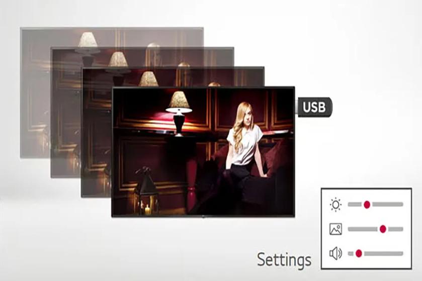 Overlapping screens displaying a woman in a dimly lit room, with USB and settings icons.
