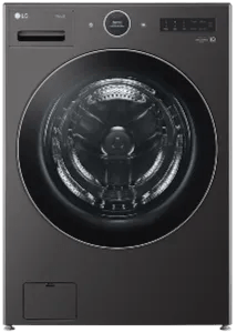 Front view of the dark gray front-load WM6700 washer.
