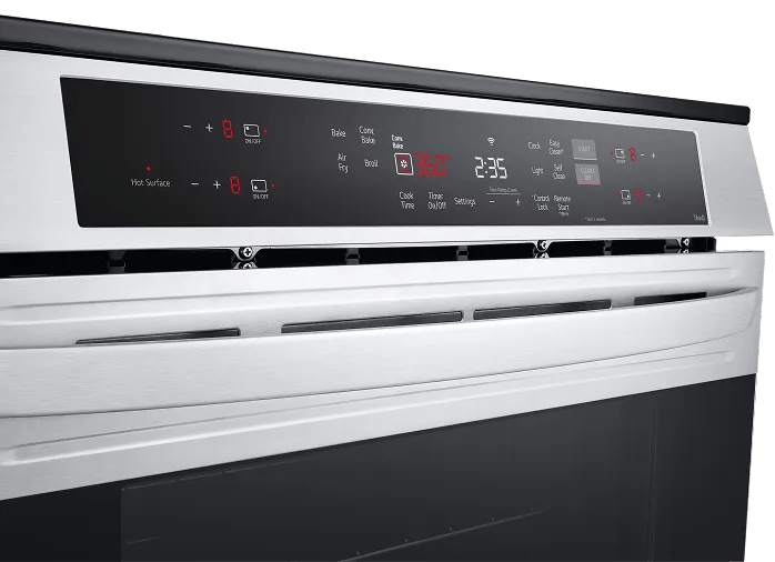 LG induction range showing touch controls and digital display panel with the Energy Star certification badge.