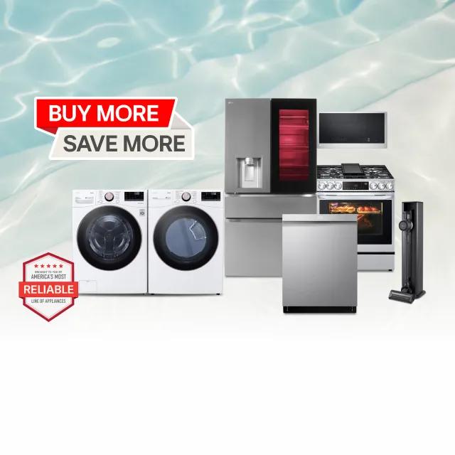 “Buy More, Save More” title badge. A group of home appliances on a pool-theme background. “America’s Most Reliable Line of Home Appliances” badge below. 