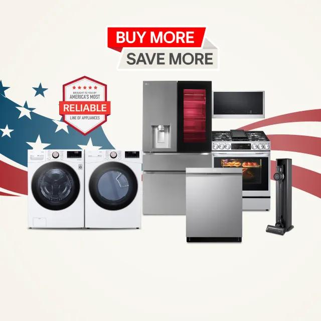 A group of LG home appliances in front of graphic of American Flag. “Buy More, Save More” badge appears above.