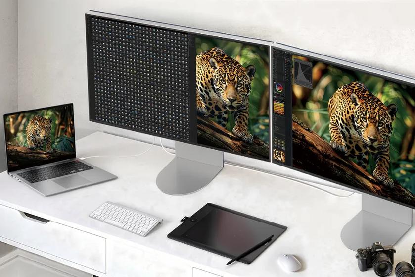 Photo-editing workstation with multiple screens displaying a jaguar photograph, alongside a laptop, keyboard, graphics tablet, mouse, and camera.
