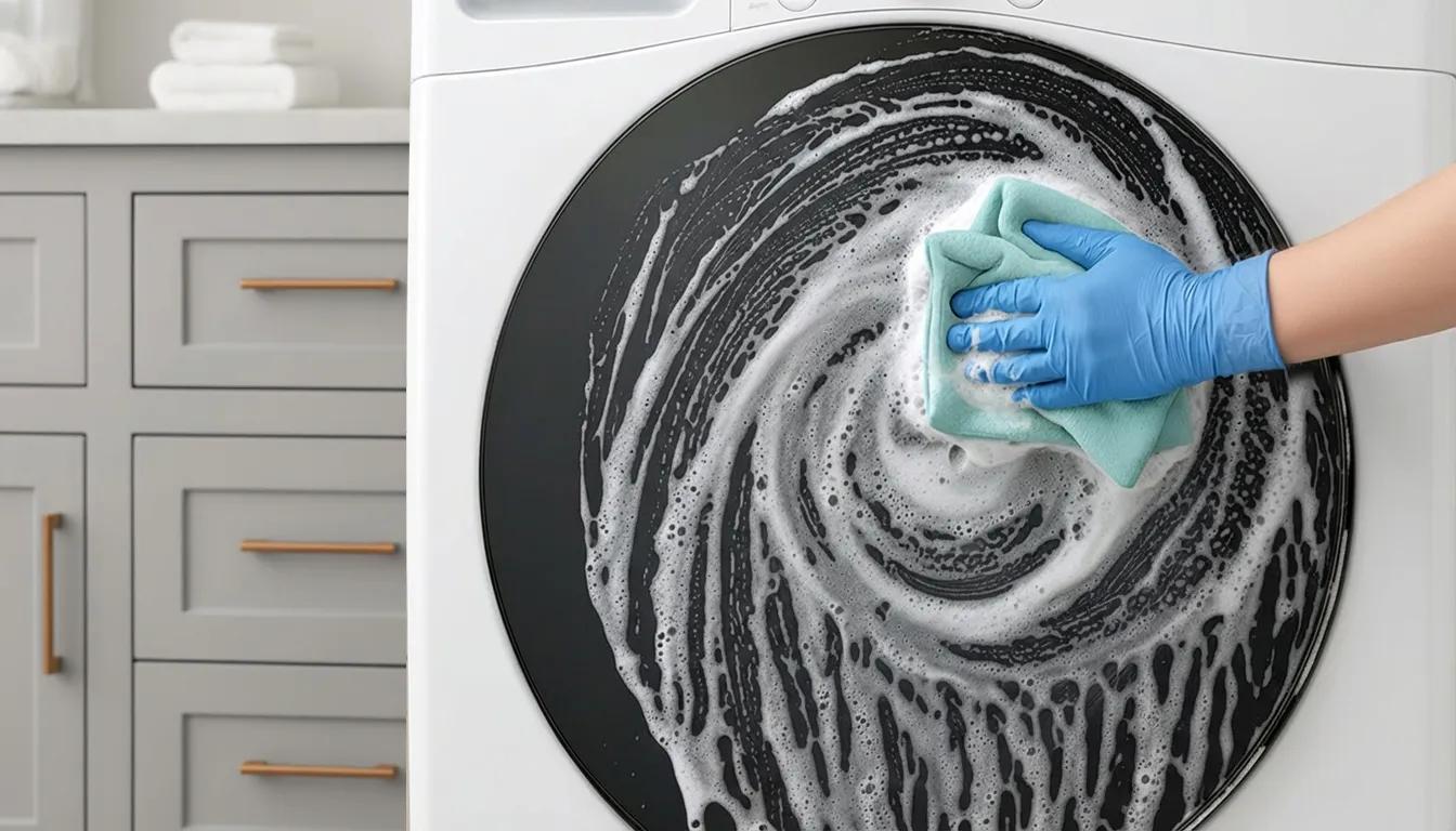 A hand wearing a blue glove using a cloth to wipe soapy water in a circular motion across the black glass door of a white LG washing machine.