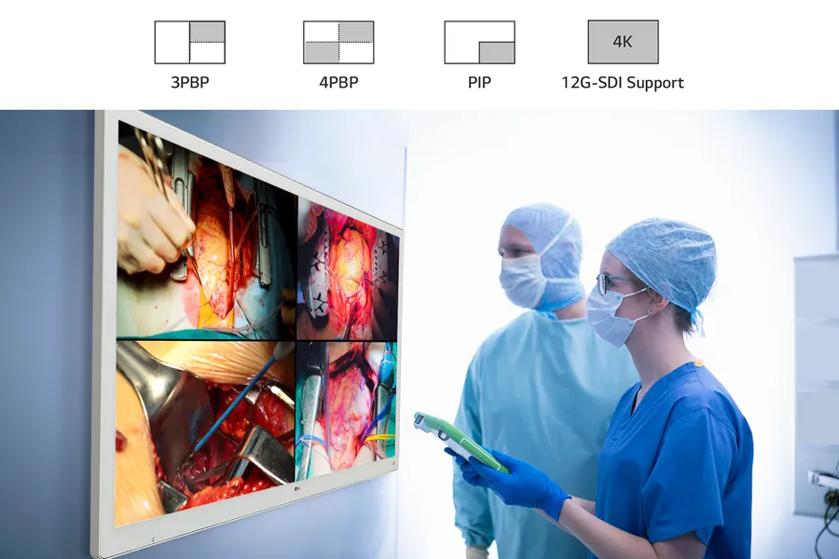 The image features two people dressed in surgical scrubs, masks, and caps, standing in a bright room. They are observing a large monitor on the wall displaying four split-screen medical images of a surgical procedure. The screens show close-up views of a surgery in progress with vivid details and colors. Above the monitor are icons and labels: "3PBP," "4PBP," "PIP," "4K," and "12G-SDI Support," indicating different display settings or technologies.