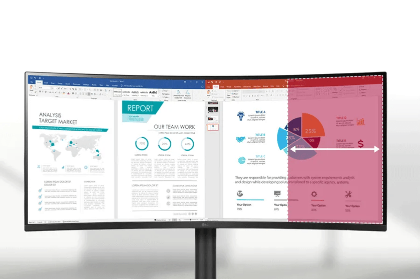 A curved monitor displaying Word and PowerPoint documents with highlighted sections.