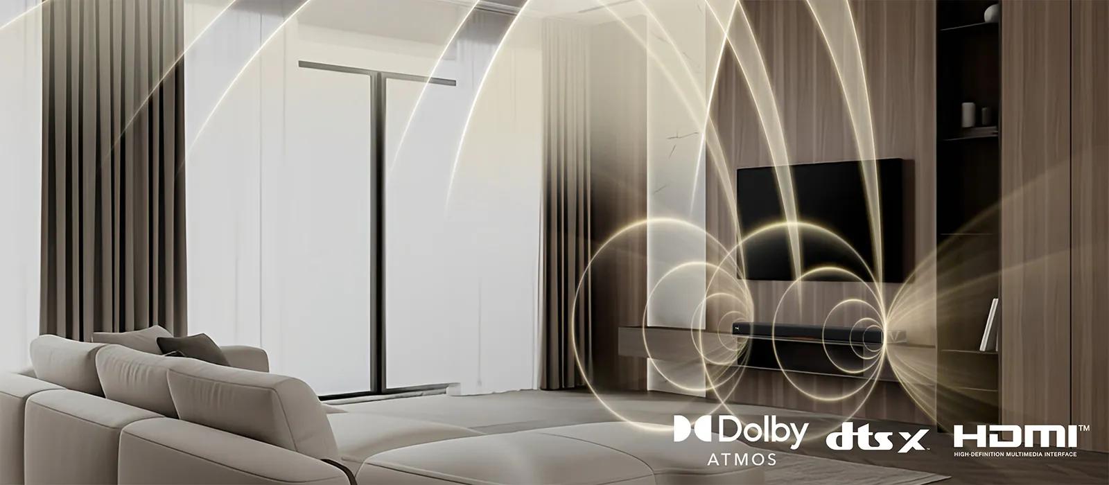 Sound waves radiate from a soundbar below a wall-mounted TV in a modern living room, with Dolby Atmos, DTS:X, and HDMI logos.