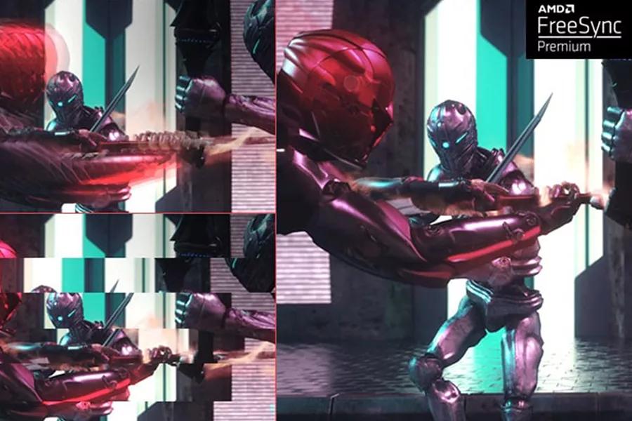 comparison of the gaming scene with amd freesync premium off and another scene with the mode on eliminating screen tearing and stuttering
