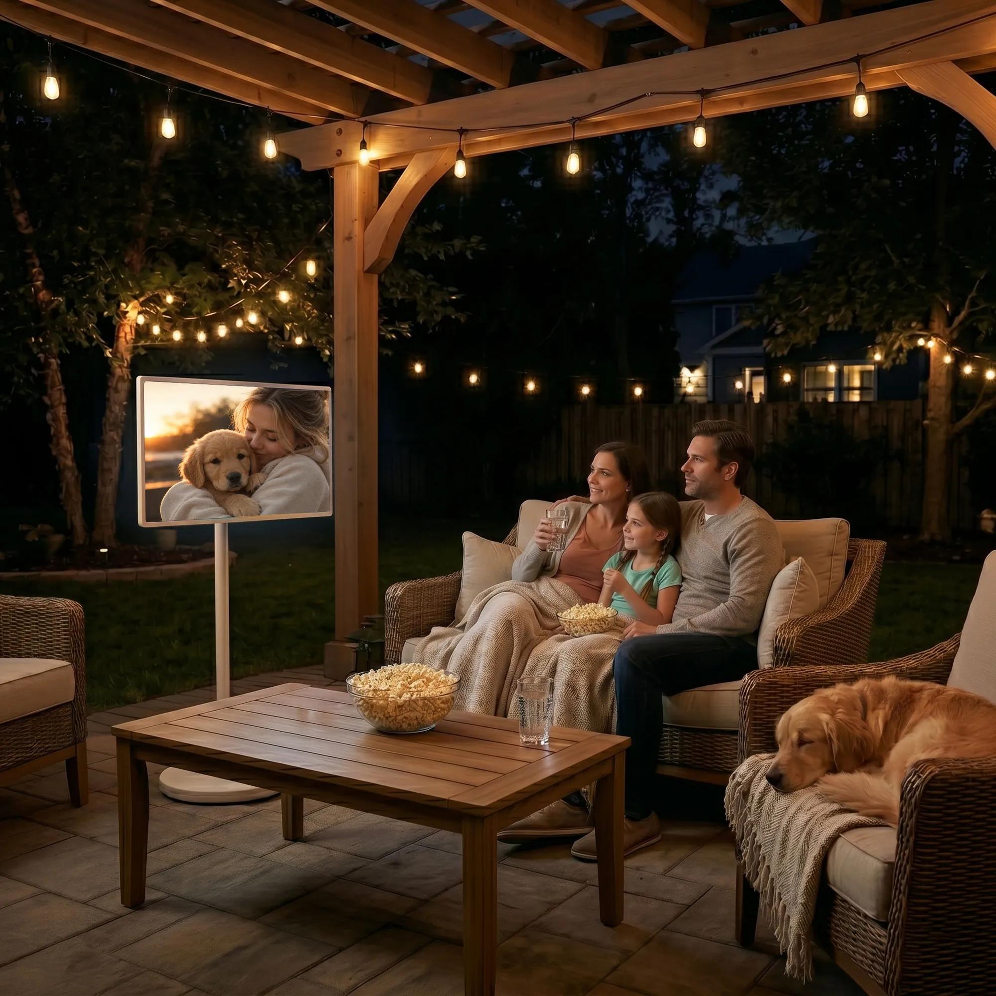 Family sitting together outdoors at night watching LG StanbyME 2 under a pergola with string lights.