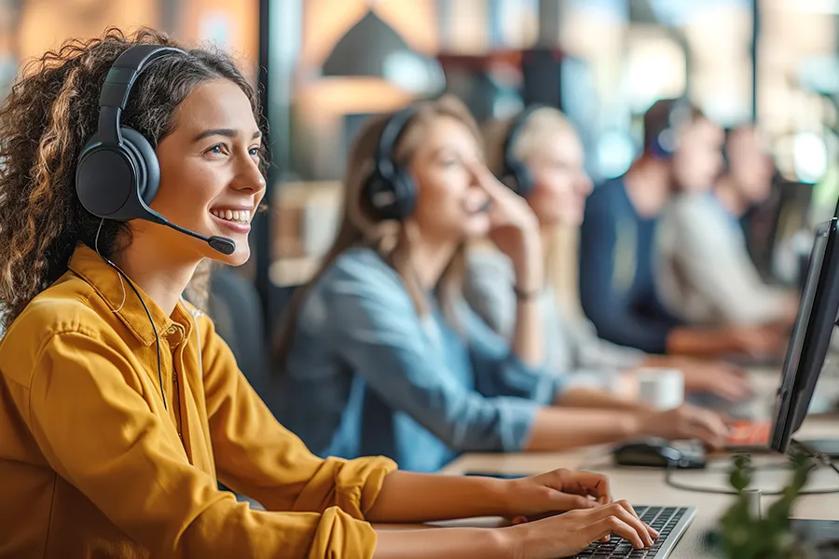 female customer support person talking through headset while on the computer