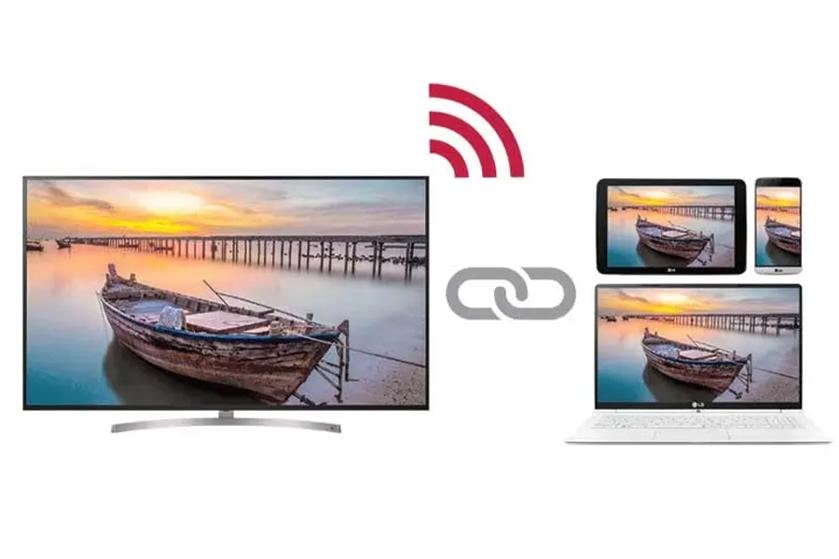 Television, tablet, laptop, and smartphone displaying the same serene image of a boat at sunset, with a wireless symbol and link icon indicating connectivity.