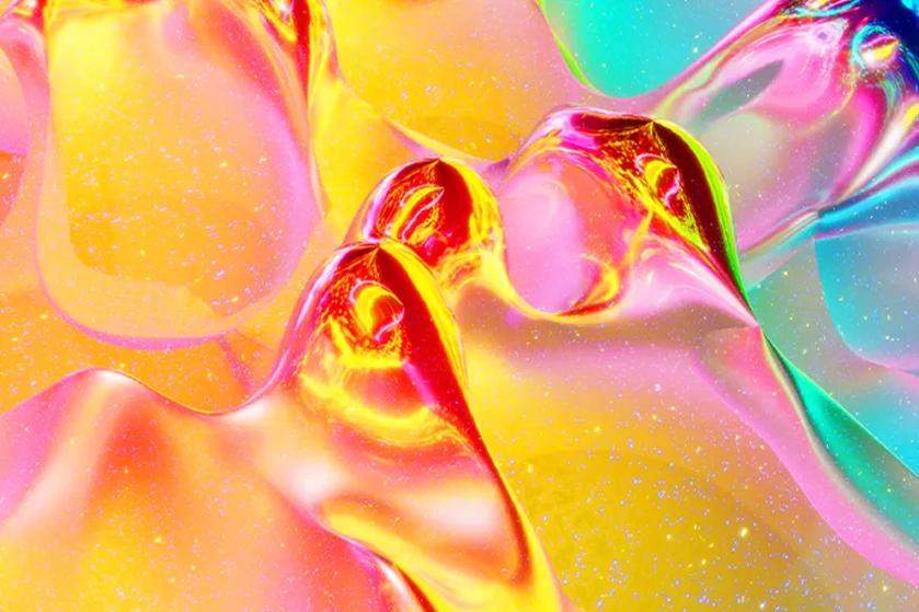 Abstract image with vibrant, fluid colors and a glossy, reflective texture.