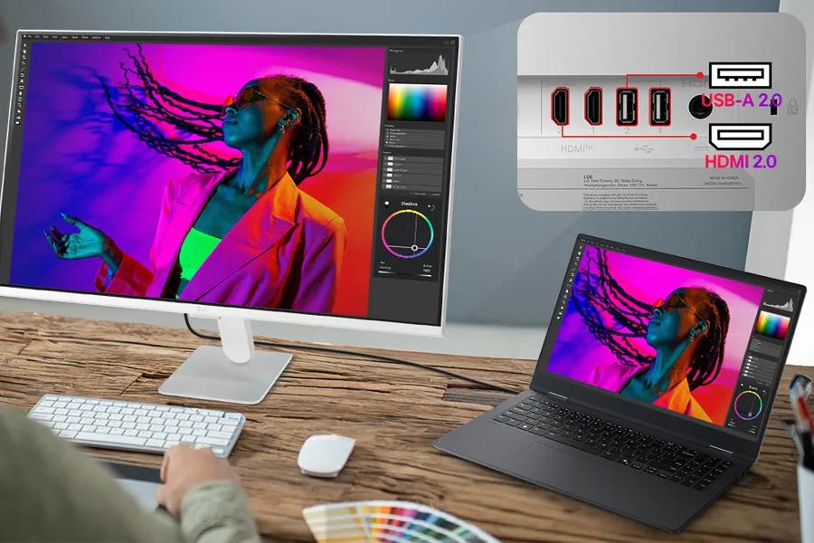 27U511SB-W Monitor with USB-A 2.0 and HDMI 2.0 connectivity shown with laptop in creative workspace setup