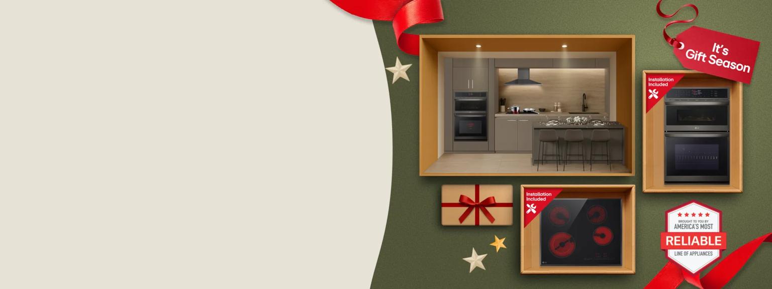 “It’s Gift Season” tag. An LG Wall Oven and Cooktop appear in stylish kitchen setting in gift box design. Another box shows top view of a cooktop. “Installation Included” text. “America’s Most Reliable Line of Home Appliances” badge. 
