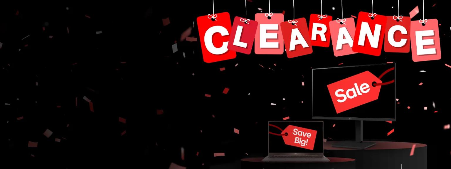 LG gram laptop and monitor on a black background. Confetti falls around them and a hanging sign that reads Clearance in white caps. 