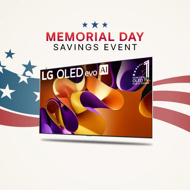 “Memorial Day Savings Event” title badge. An LG OLED appears in front of a stars and stripes graphic. The infill of the TV displays a badge reading “World’s No. 1 OLED TV for 12 Years”. 