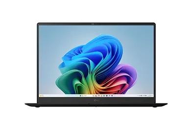 Front view of an LG laptop displaying the Windows 11 home screen with a colorful abstract wallpaper.
