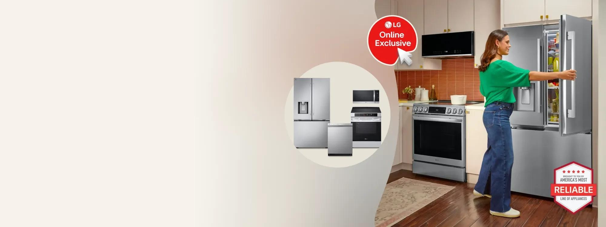 LG Kitchen Appliance Packages promotion featuring a woman opening a French Door refrigerator in a kitchen setting with a range and over-the-range microwave, alongside a product bundle callout showing a side-by-side refrigerator, microwave, range, and dishwasher; LG Online Exclusive badge and brought to you by America's Most Reliable Line of Appliances badge visible