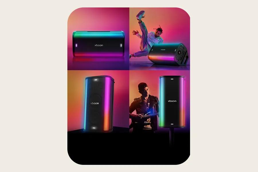 STAGE501_AUSALBK LG xboom party speaker with colorful LED lighting effects shown in four views including dynamic dance and seated listening positions