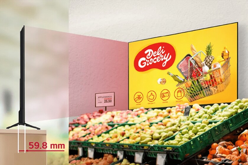 A PK340S is installed in a grocery store, with a close-up side view showing its slim design.