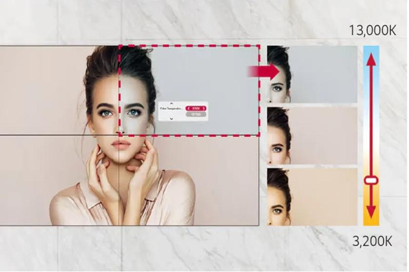 The image is a digital composition featuring a portrait of a woman with dark hair styled in a bun, set against a soft gradient background. The central part of the image is divided into a series of sections. The left section shows the woman gazing directly at the viewer, with her hands gently touching her face. To the right, a dashed red border encloses a segment that overlaps with a series of smaller images. These smaller images depict various color adjustments of the portrait, organized vertically. To the right of these smaller images is a gradient scale with the colors transitioning from blue to orange, labeled with temperatures "13,000K" at the top and "3,200K" at the bottom, indicating color temperature adjustments. There is a red arrow pointing horizontally from the main image to the smaller images, signifying changes in the image based on the color temperature.