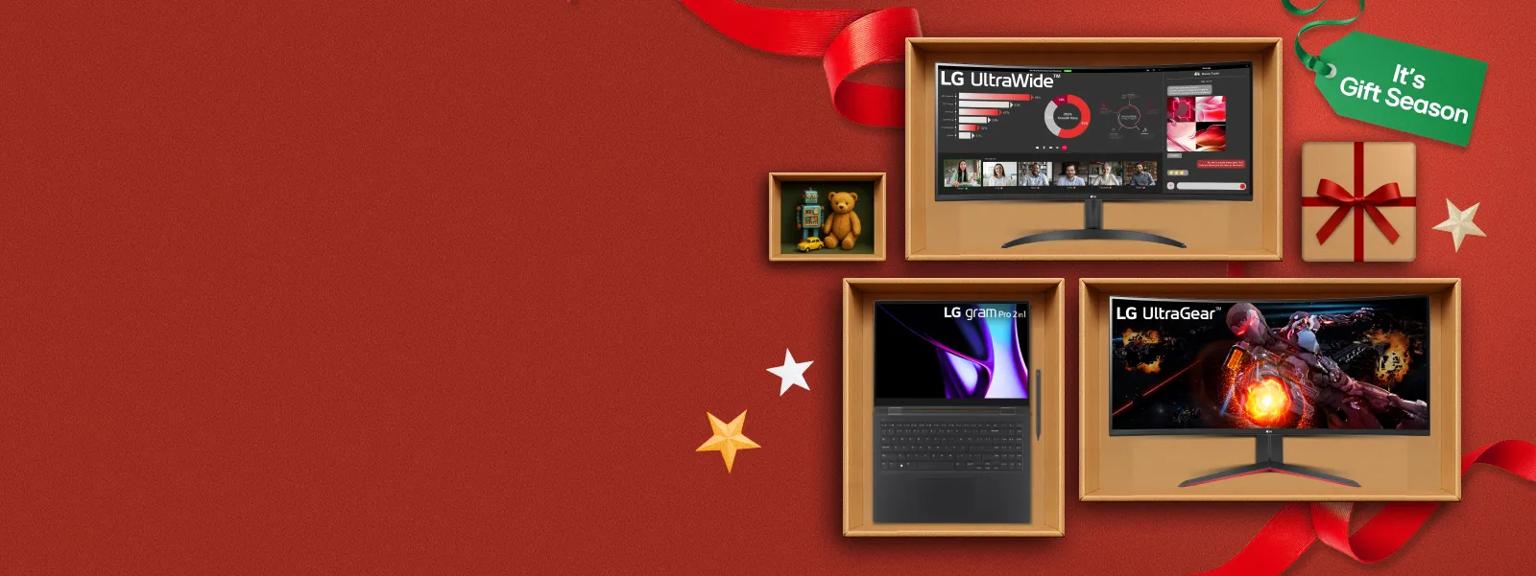 “It’s gift season” badge. Opened and unopened gift boxes appear in a cluster. Various boxes display LG Monitors and gram laptop.