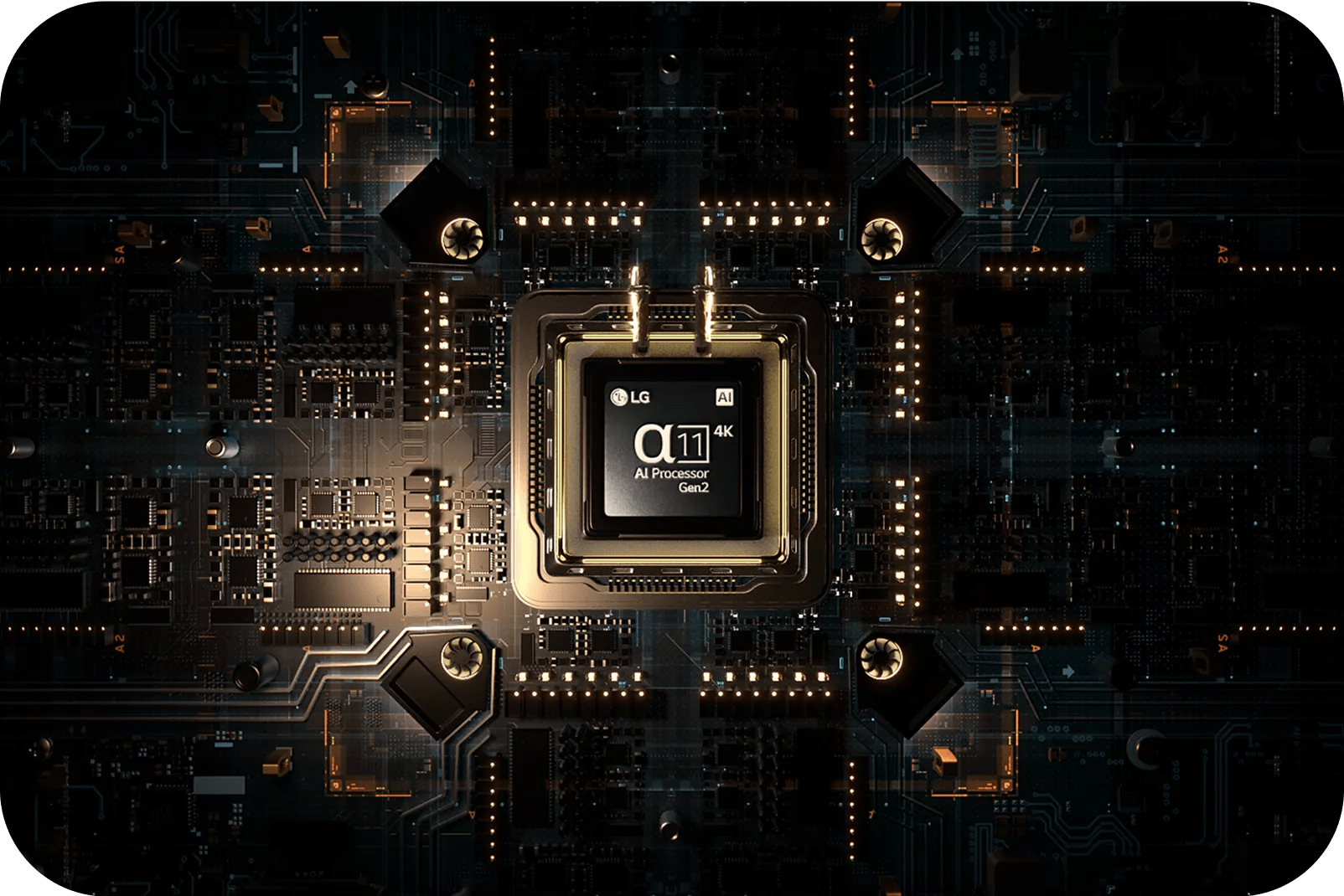A close-up graphic of an AI processor chip on a circuit board, symbolizing AI technology inside an LG smart TV.