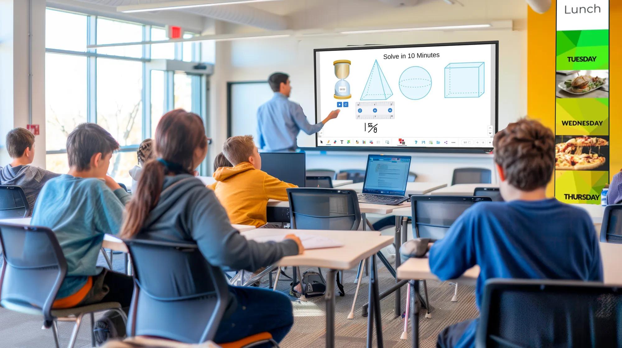 LG large-format display in a classroom showing a math lesson with text "Solve in 10 Minutes" and geometric shapes, with a teacher presenting to seated students, alongside a vertical LG display showing a lunch menu with Tuesday, Wednesday, and Thursday meal options