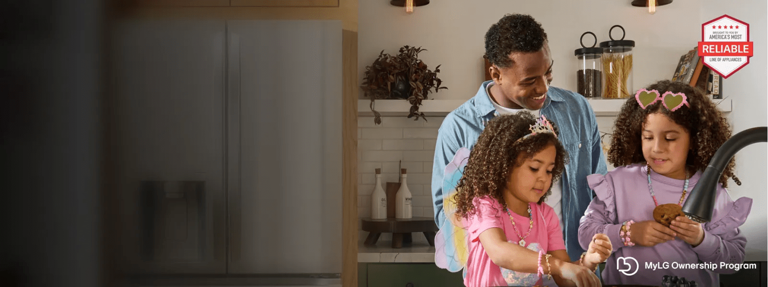 Family enjoying a meal in their kitchen. Badge that says, "Brought to you by America's most reliable line of appliances."