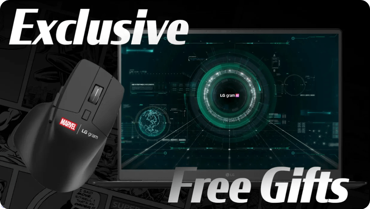 LG gram laptop screen displaying a futuristic digital interface with the LG gram logo. A Marvel-branded LG gram mouse is shown in the foreground. The words Exclusive Free Gifts are prominently featured in bold, white text.