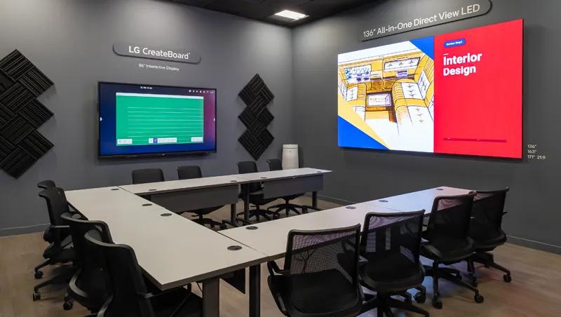 CreateBoard and all-in-one Direct View LED display in a meeting room setup in the LG Chicago Business Innovation Center