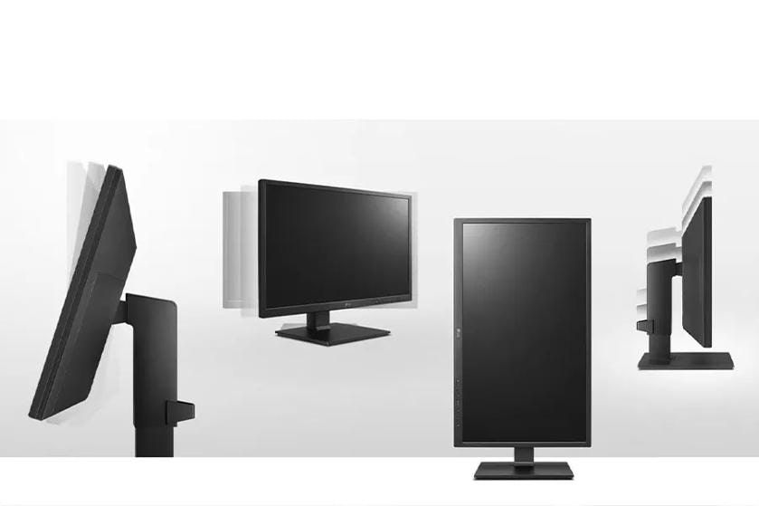 Four different views of an LG all-in-one cloud thin client with the display in various positions or heights.