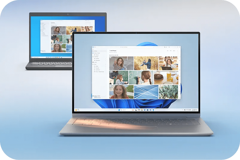 Two LG gram laptops showing Windows 11 and Windows 10 photo gallery screens, highlighting easy file transfer.