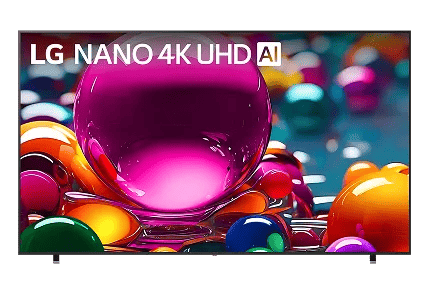 Smooth, fabric-like waves in bright colors on an LG Nano 4K UHD screen.