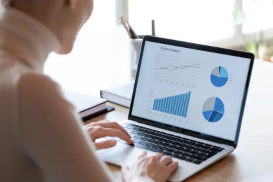 Person working on a laptop displaying charts and graphs labeled "Project statistics."