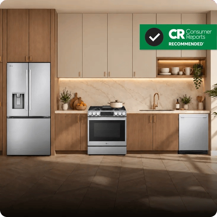 A kitchen with wood and cream cabinets, a stainless steel French door refrigerator, range, and dishwasher, with a Consumer Reports Recommended badge in the top right.