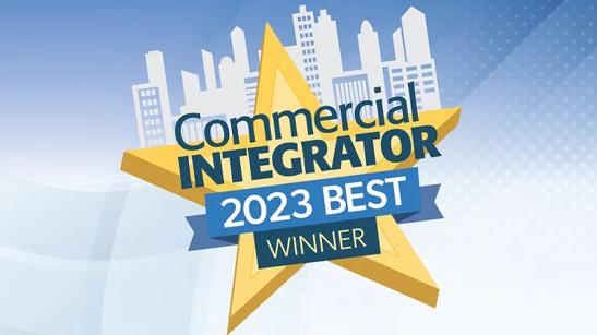 Golden star with text "Commercial Integrator 2023 Best Winner" against a city skyline.