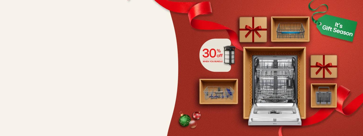 A stainless steel LG dishwasher sits open at the center of a holiday-themed layout. Gift boxes, dishwasher racks, and accessories are arranged around it on a red background with ribbon accents. A circular label highlights “30% off when you bundle.”